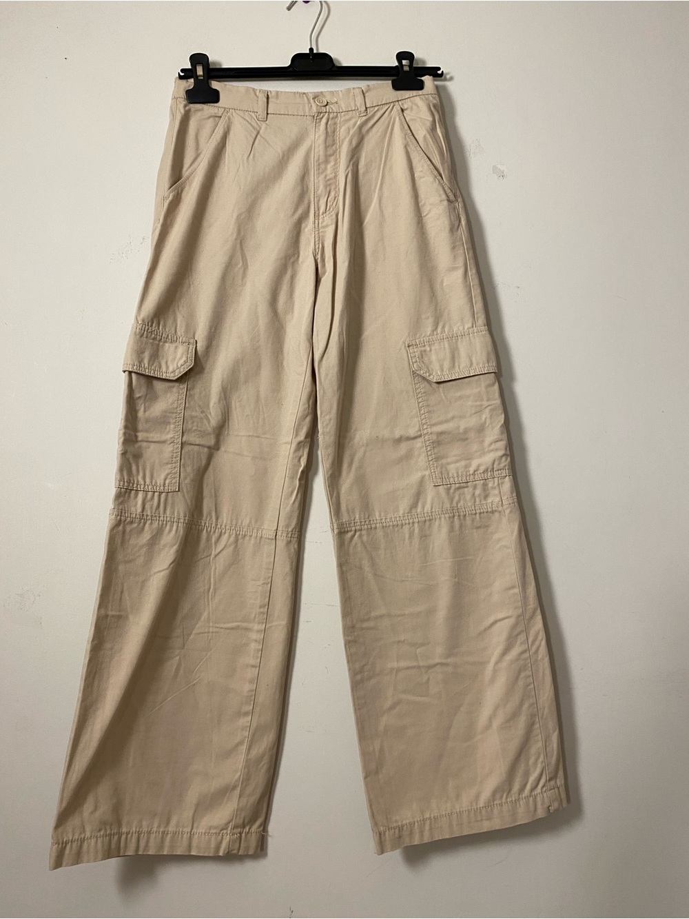 Cropped Cotton Casual Cargo Pants in Beige - Lightweight Wide Leg